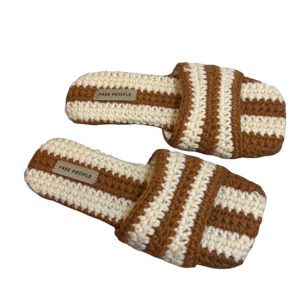 Free People Crochet Slide Sandals Brown Cream Striped Square Toe Flats Womens 9